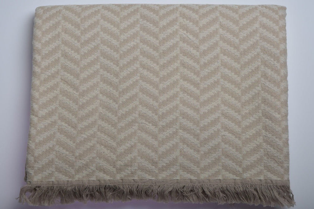 Chevron Vevd Pledd - Bomull - Beige | lalaloom.no - LALALOOM