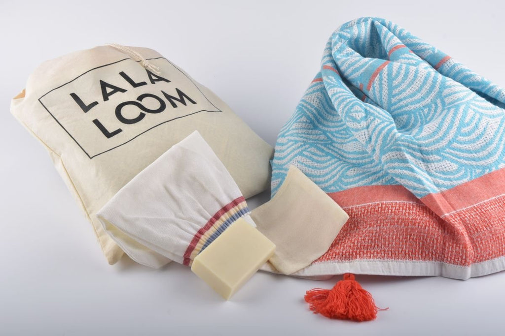 Spapakke Blå Korall - Hamamhåndkle, Såpe, Skrubb til Ansikt og Kropp - LALALOOM