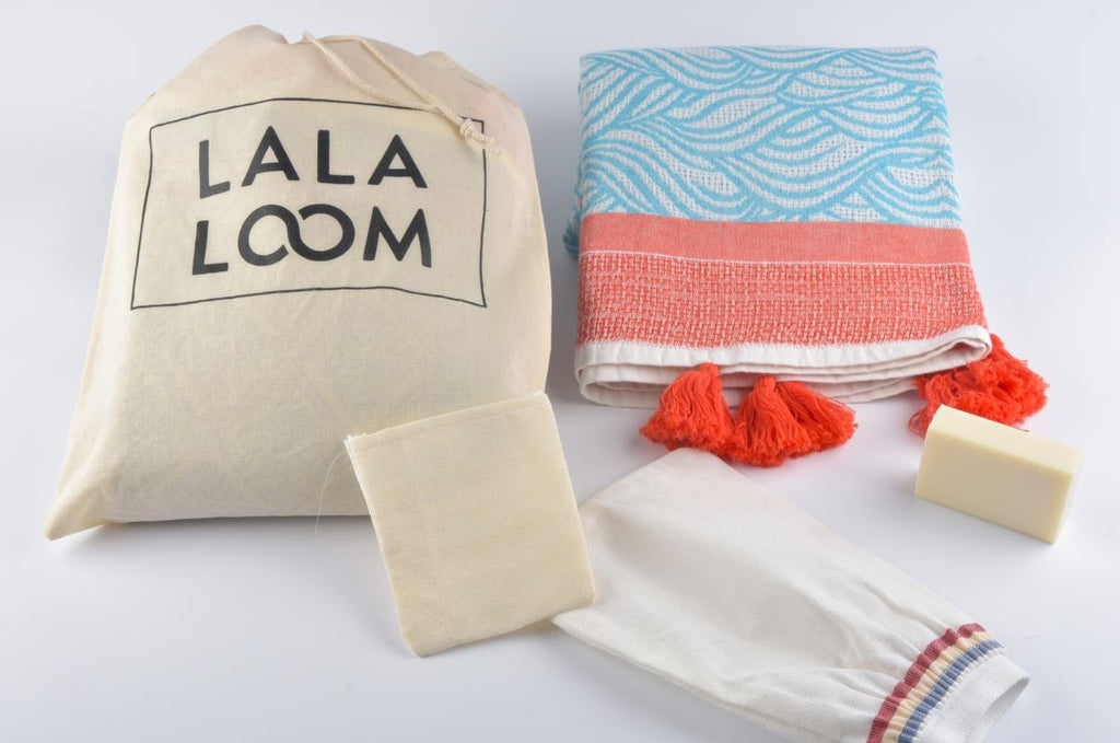 Spapakke Blå Korall - Hamamhåndkle, Såpe, Skrubb til Ansikt og Kropp - LALALOOM