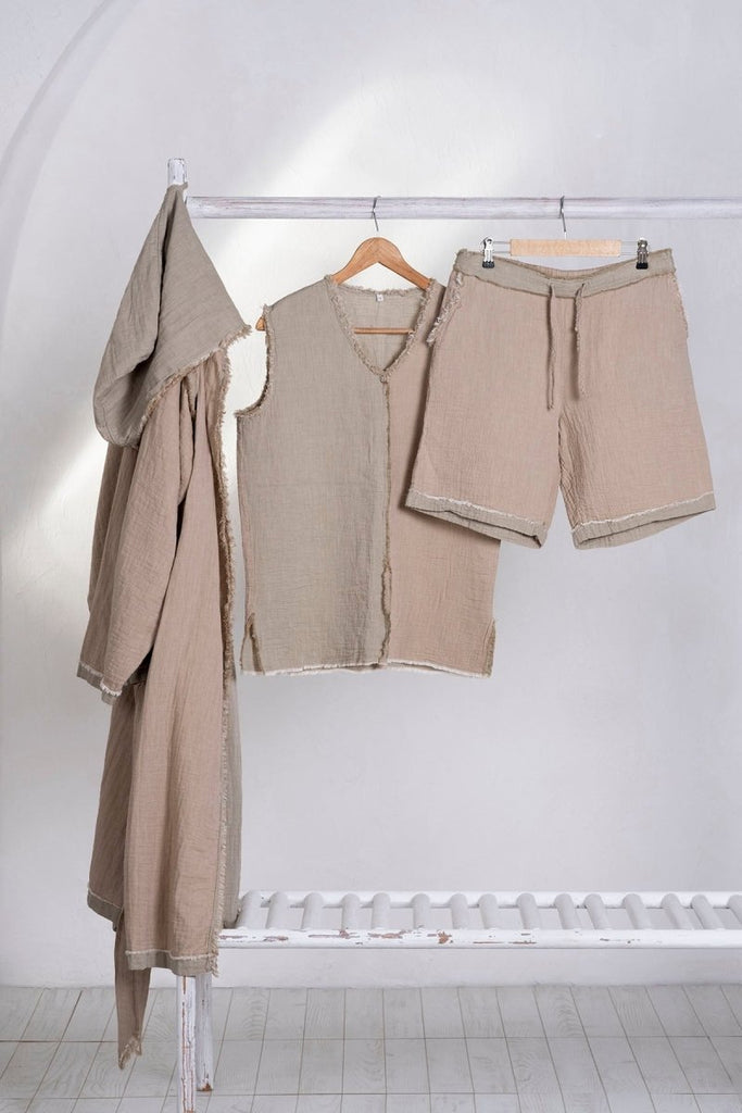 Melsa 3 - delt Muslin Pyjamas Sett for Herre – Shorts, Morgenkåpe – Økologisk Bomull | Grønn | Lalaloom.no - LALALOOM