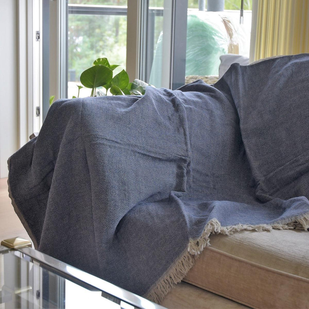 Hav Vevd Pledd - Bomull og Lin - Marineblå | lalaloom.no - LALALOOM