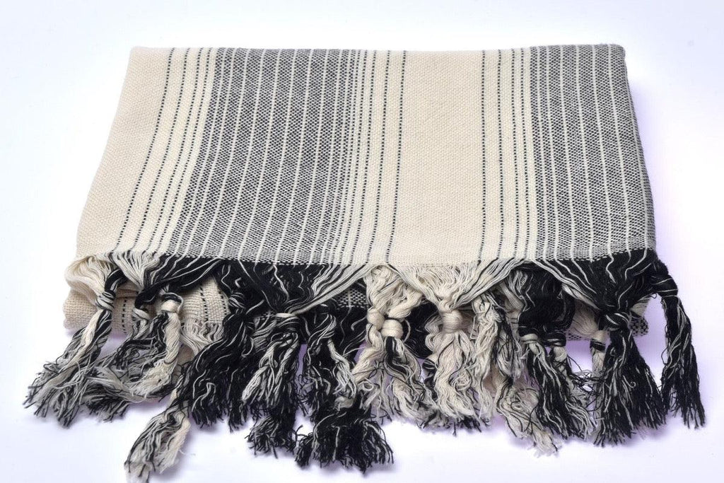 Vintage Håndkle i Bomull - Svart & Hvit striper