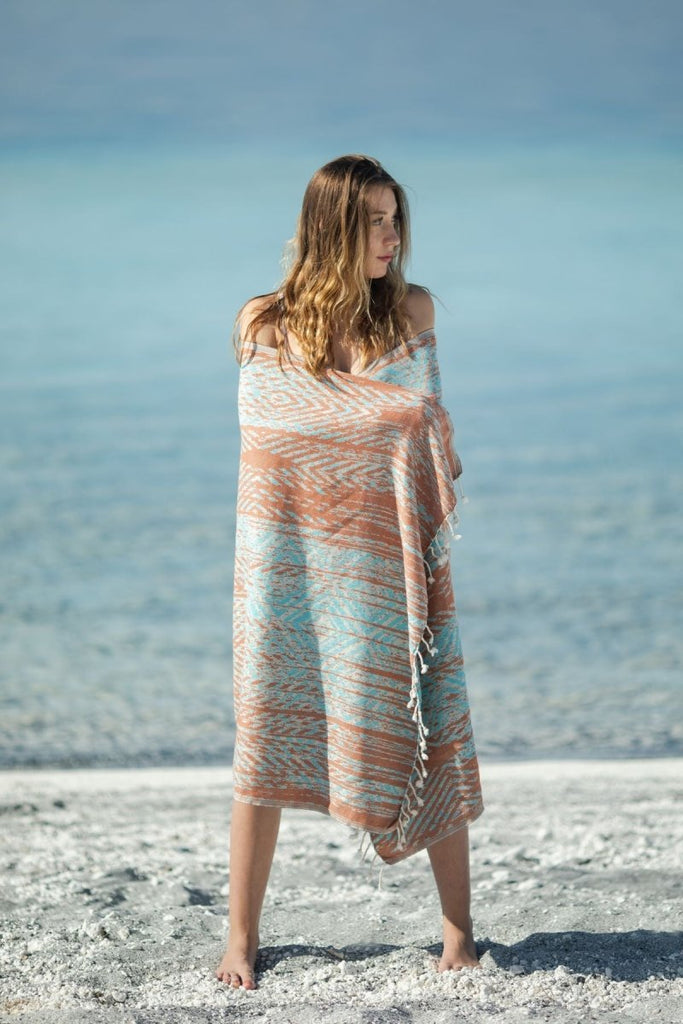 Rustikk Håndkle i Bomull – Terracotta & Turkis - LALALOOM